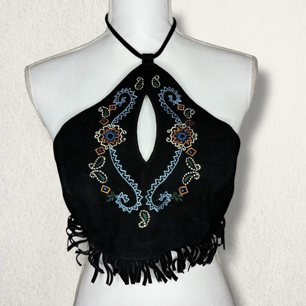 Vintage Easy Riders John Wilde Suede Embroidered Fringe Halter Top Size XS/S